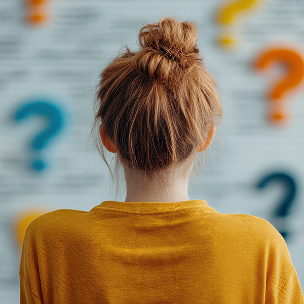 Woman in front of a wall with question marks