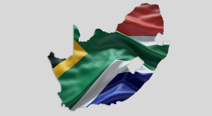 Geographischer Umriss von Südafrika, gefüllt mit der südafrikanischen Flagge